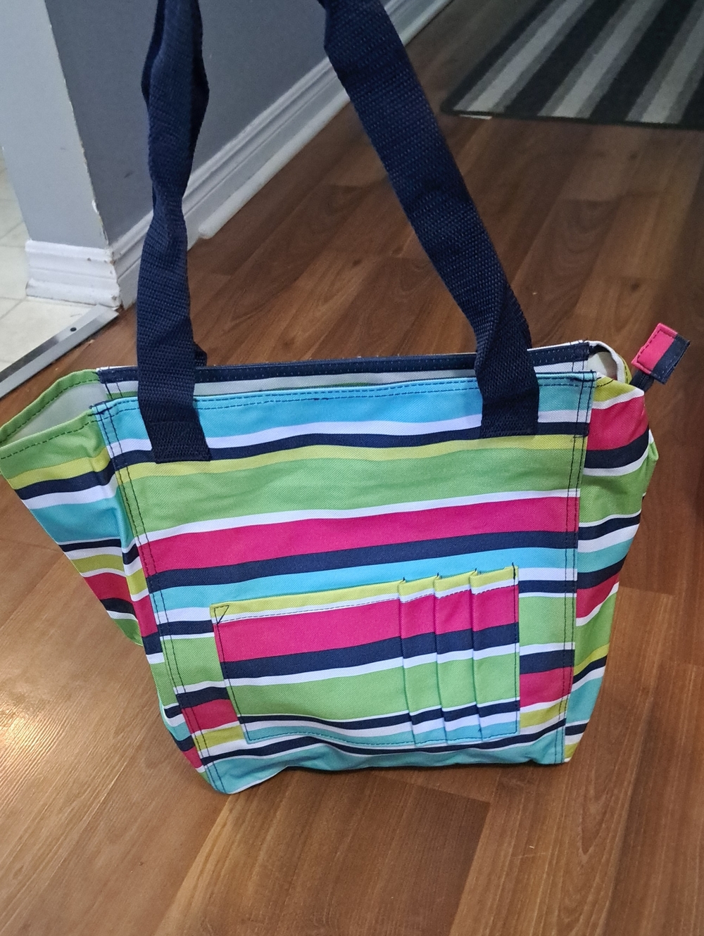 thirty-one Striped Multi-Color Canvas Tote with Navy Handles